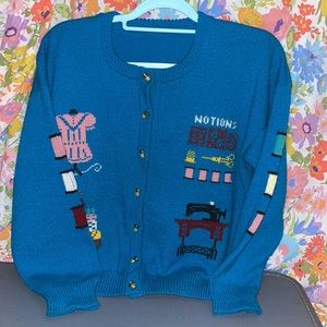 Vintage sewing theme cardigan 1980s